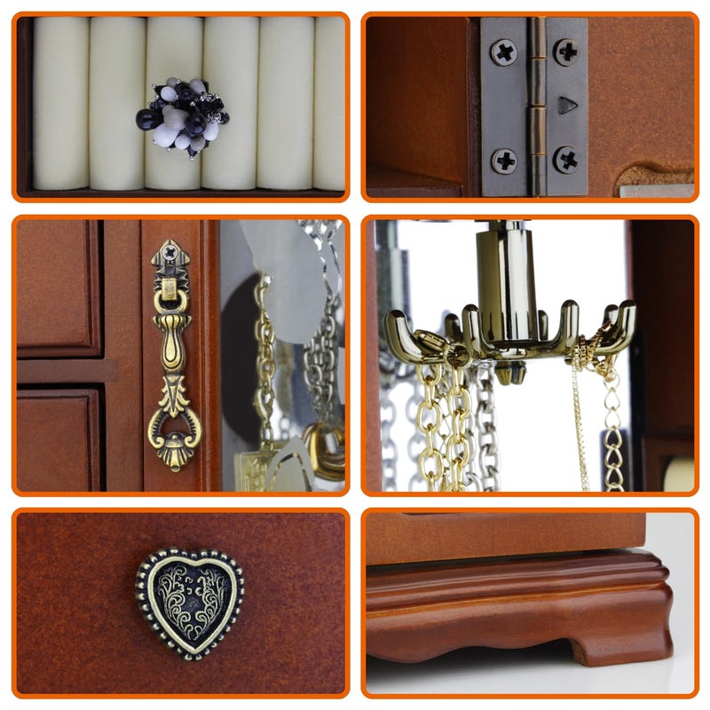RR ROUND RICH DESIGN صندوق مجوهرات خشبي صلب بتصميم دائري فاخر مع 4 أدراج وحامل قلائد مدمج ومرآة باللون البني - Image 3